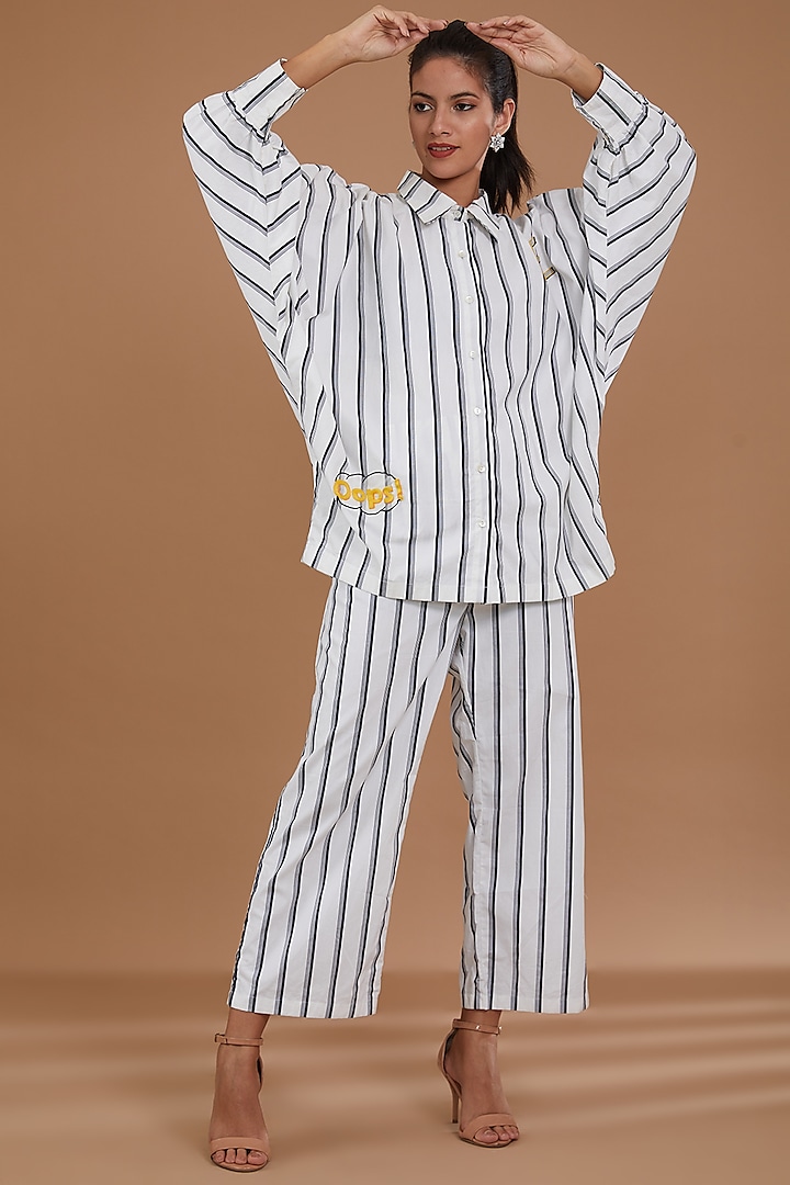 White Cotton Blend Patchwork & Striped Co-Ord Set by KLITCHE