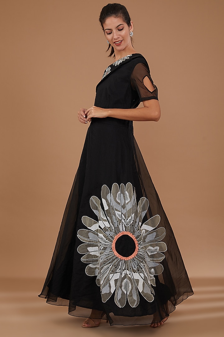 Black Organza Floral Embroidered Off-Shoulder Gown by KLITCHE