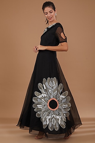 Black Organza Floral Embroidered Off-Shoulder Gown by Kliitche by Isha Kedia