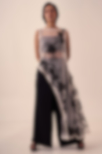 White & Black Organza Floral Printed Asymmetrical Tunic Set by Kliitche by Isha Kedia at Pernia's Pop Up Shop