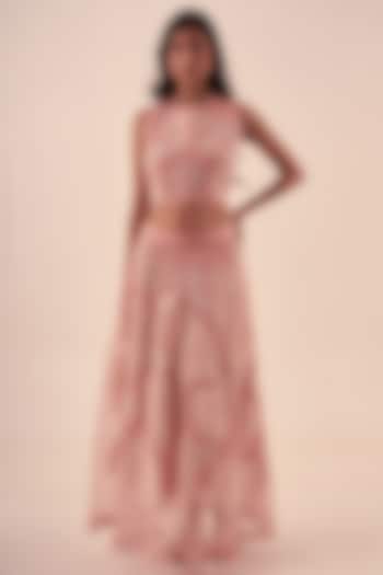 Light Pink Organza Leaf Printed Skirt Set by Kliitche by Isha Kedia at Pernia's Pop Up Shop
