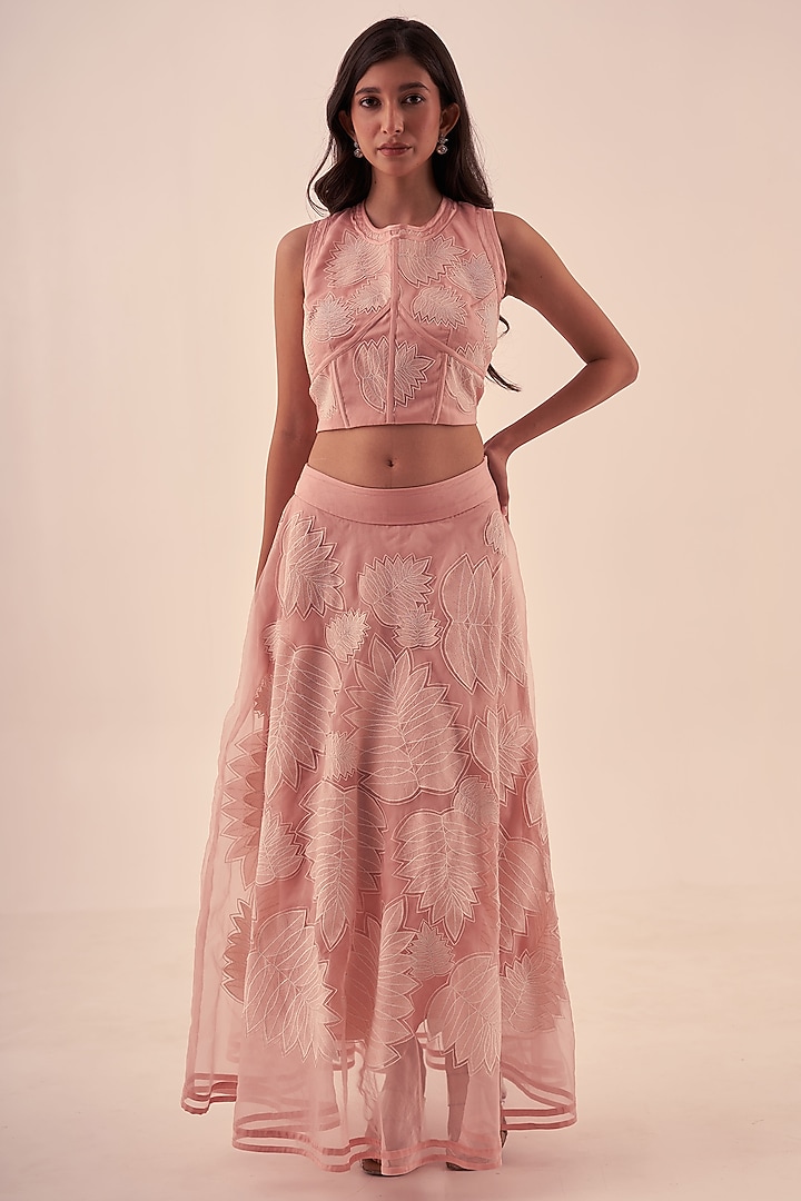 Light Pink Organza Leaf Printed Skirt Set by Kliitche by Isha Kedia at Pernia's Pop Up Shop