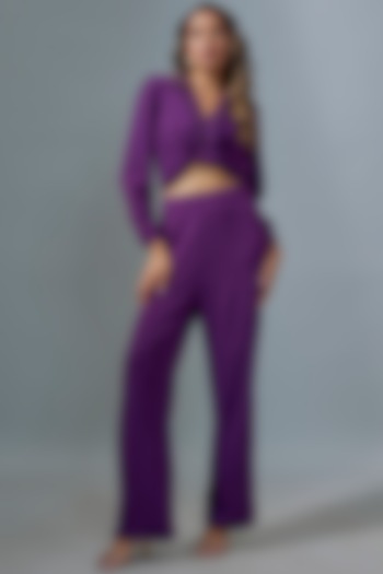 Purple Viscose Rhinestone Embroidered Crop Blazer Set by Kloset by KL at Pernia's Pop Up Shop