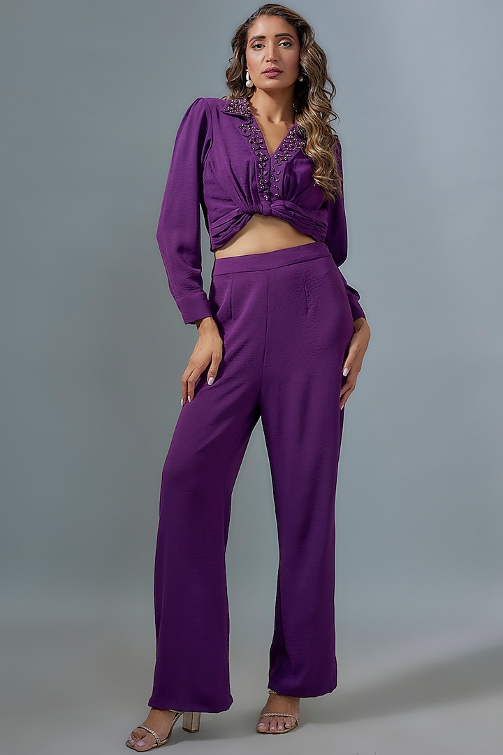 Purple Viscose Rhinestone Embroidered Crop Blazer Set by Kloset by KL at Pernia's Pop Up Shop