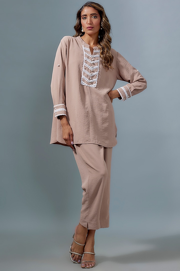 Beige Viscose Pearl Embroidered Tunic Set by Kloset by KL at Pernia's Pop Up Shop