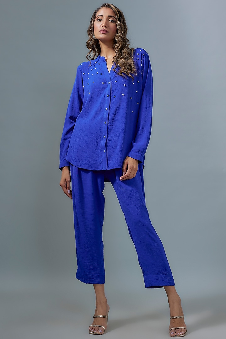 Blue Viscose Rhinestone Embroidered Co-Ord Set by Kloset by KL at Pernia's Pop Up Shop