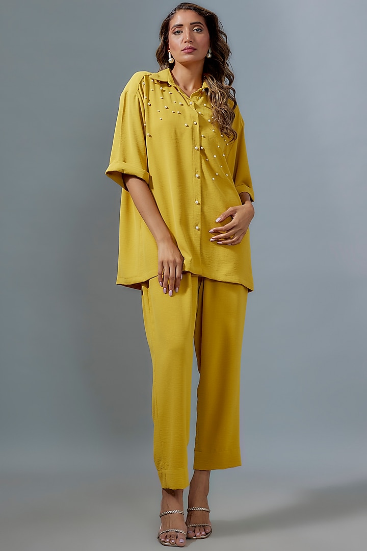 Yellow Viscose Pearl Embroidered Co-Ord Set by Kloset by KL at Pernia's Pop Up Shop