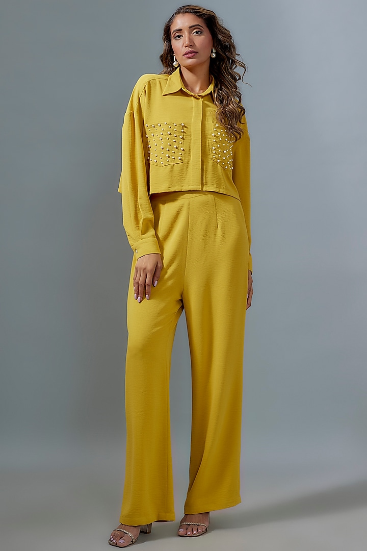 Yellow Viscose Pearl Embroidered Co-Ord Set by Kloset by KL at Pernia's Pop Up Shop