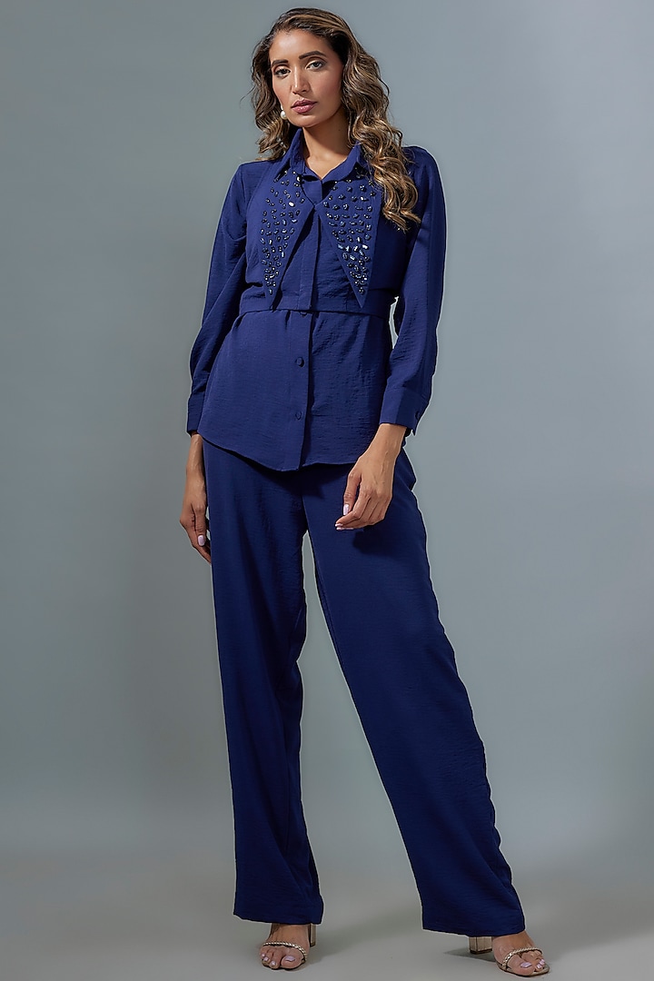 Navy Blue Viscose Rhinestone Embroidered Co-Ord Set by Kloset by KL at Pernia's Pop Up Shop