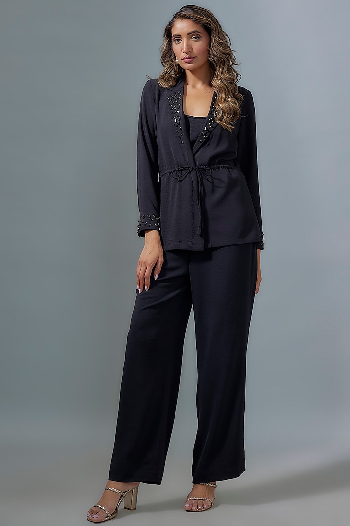 Black Viscose Rhinestone Embroidered Blazer Set by Kloset by KL at Pernia's Pop Up Shop