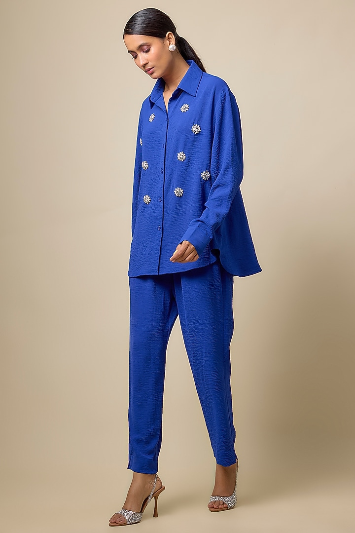 Blue Viscose Blend Rhinestone & Pearl Embroidered Co-Ord Set by Kloset by KL at Pernia's Pop Up Shop