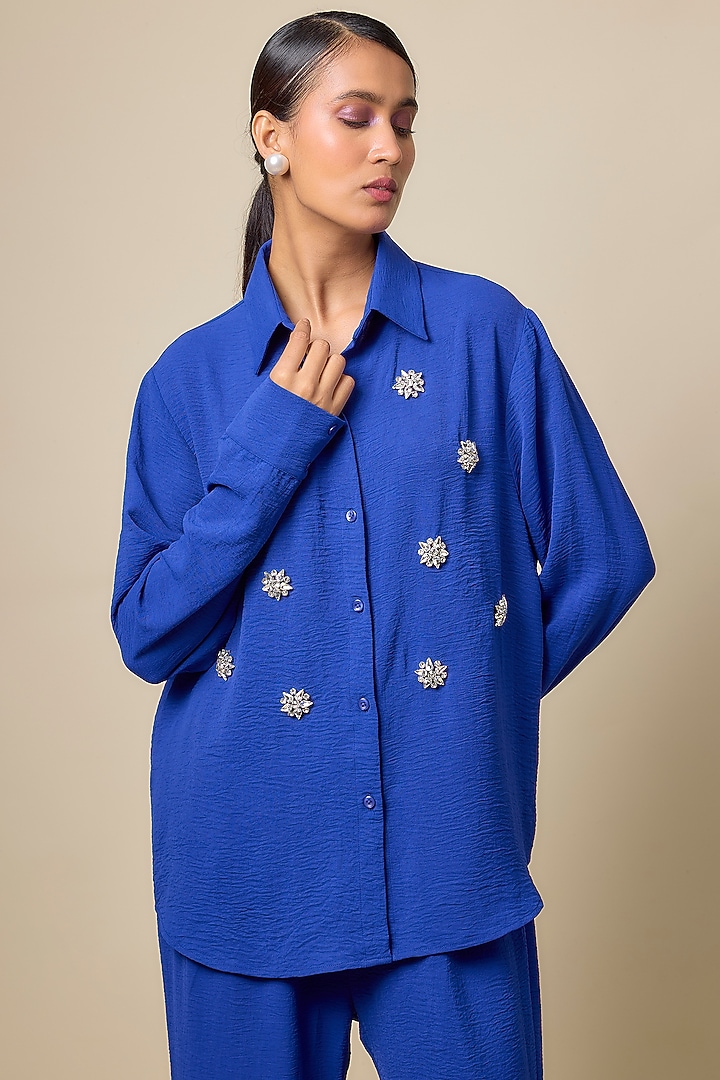 Blue Viscose Blend Rhinestone & Pearl Embroidered Co-Ord Set by Kloset by KL at Pernia's Pop Up Shop