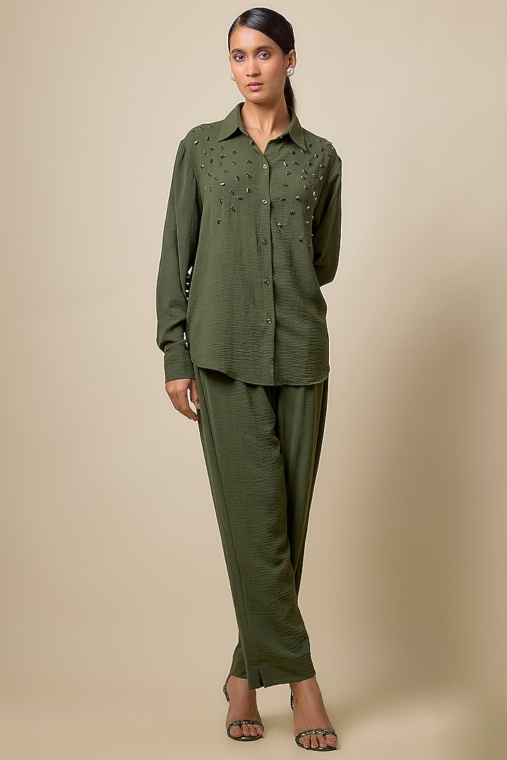Olive Green & Black Viscose Blend Rhinestone Embellished Co-Ord Set by Kloset by KL at Pernia's Pop Up Shop