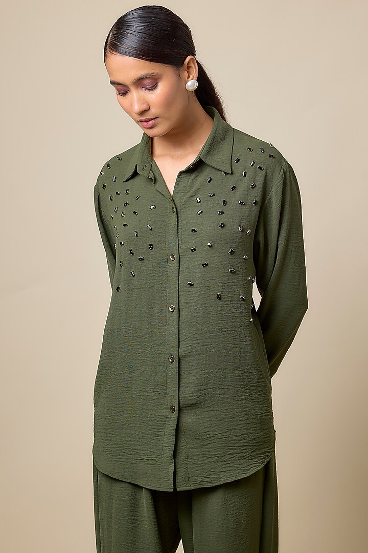 Olive Green & Black Viscose Blend Rhinestone Embellished Co-Ord Set by Kloset by KL at Pernia's Pop Up Shop