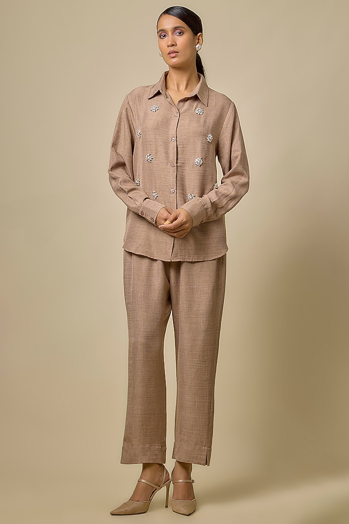 Beige Viscose Blend Pearl & Rhinestone Embellished Co-Ord Set by Kloset by KL at Pernia's Pop Up Shop