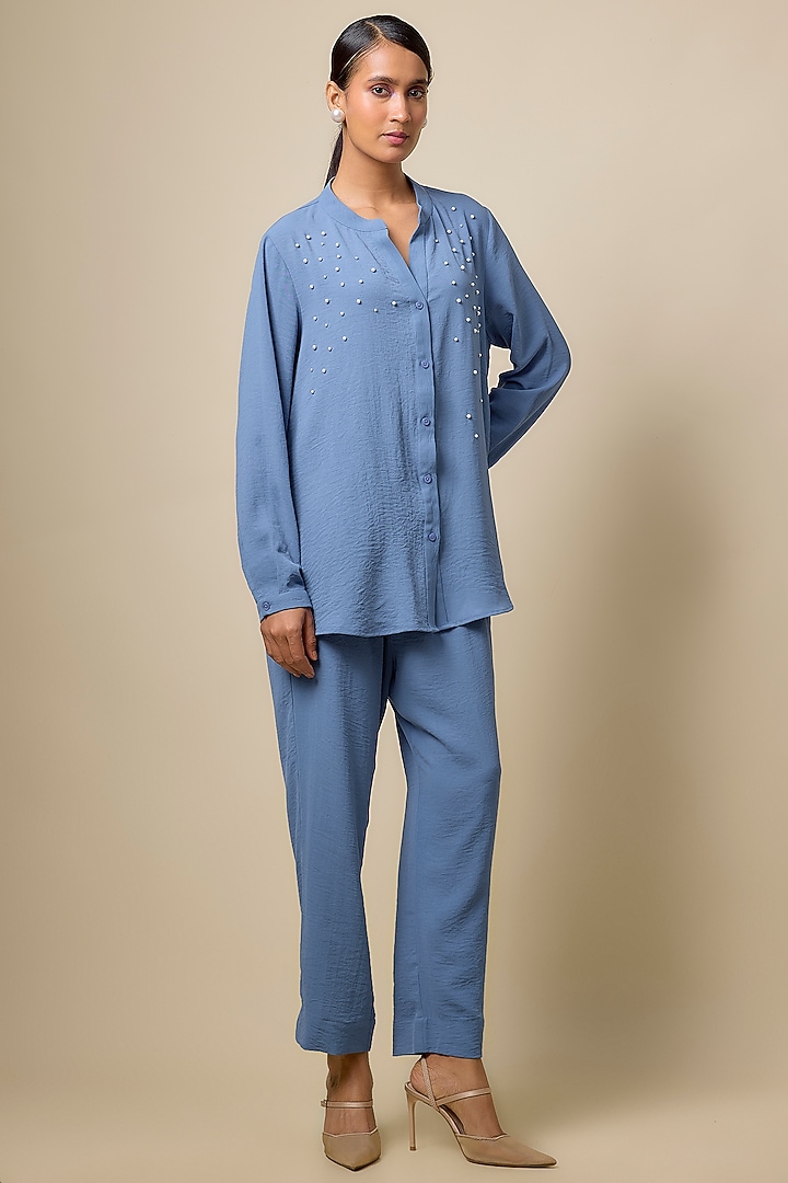 Periwinkle Blue Viscose Blend Pearl Embroidered Co-Ord Set by Kloset by KL at Pernia's Pop Up Shop