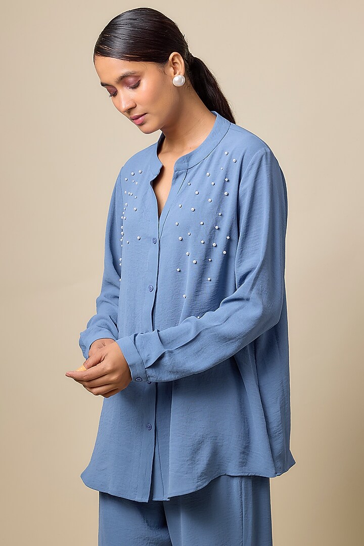 Periwinkle Blue Viscose Blend Pearl Embroidered Co-Ord Set by Kloset by KL at Pernia's Pop Up Shop