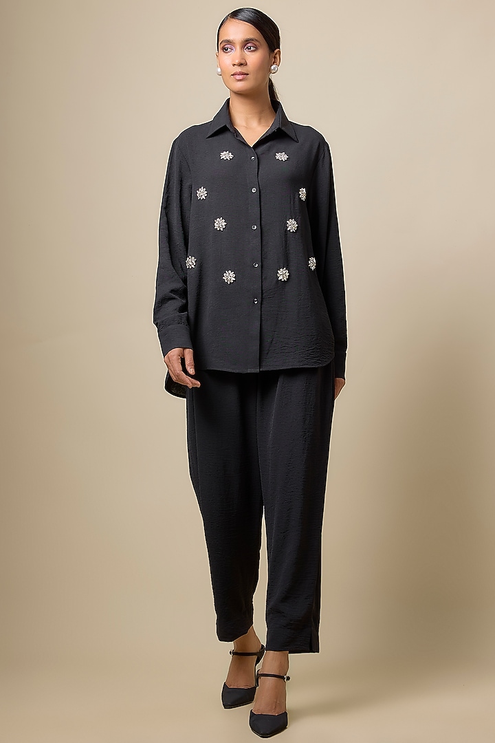 Black Viscose Blend Rhinestone Embellished Co-Ord Set by Kloset by KL at Pernia's Pop Up Shop