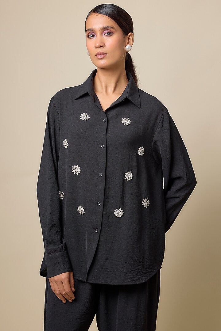 Black Viscose Blend Rhinestone Embellished Co-Ord Set by Kloset by KL at Pernia's Pop Up Shop