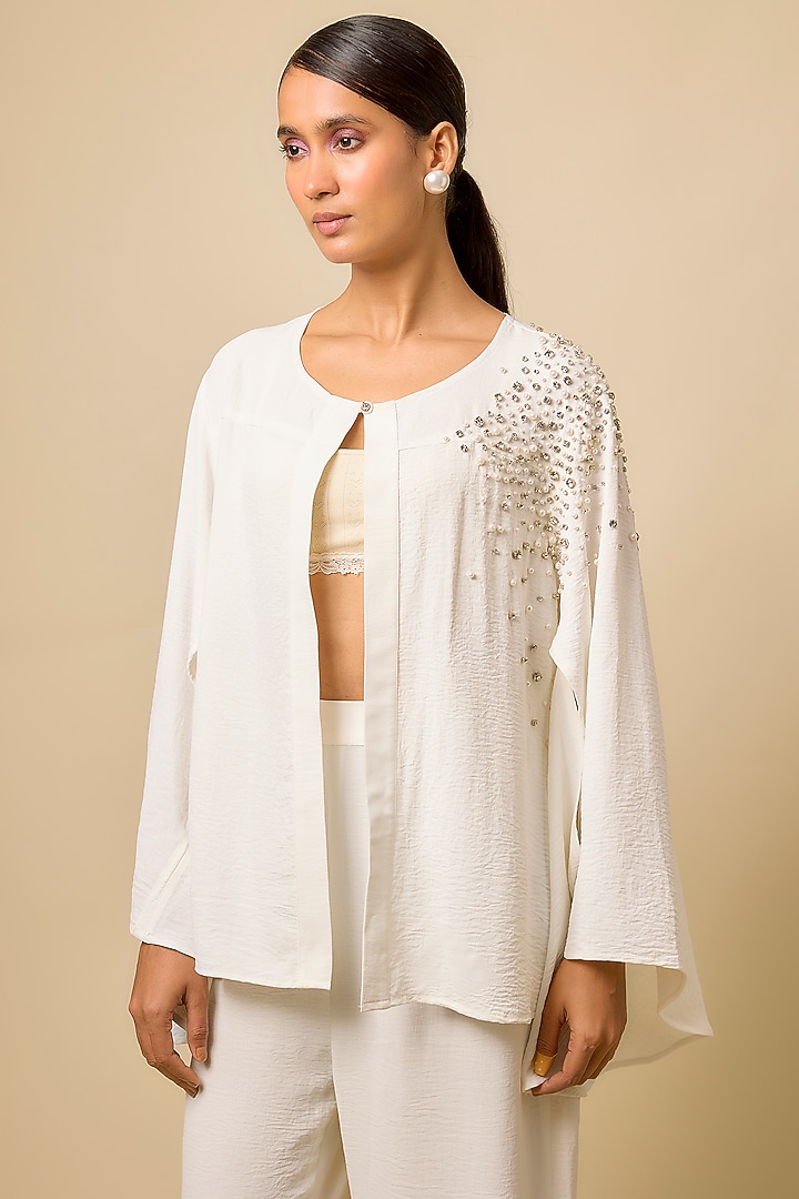 Ivory Viscose Blend Embellished Cape Set by Kloset by KL at Pernia's Pop Up Shop