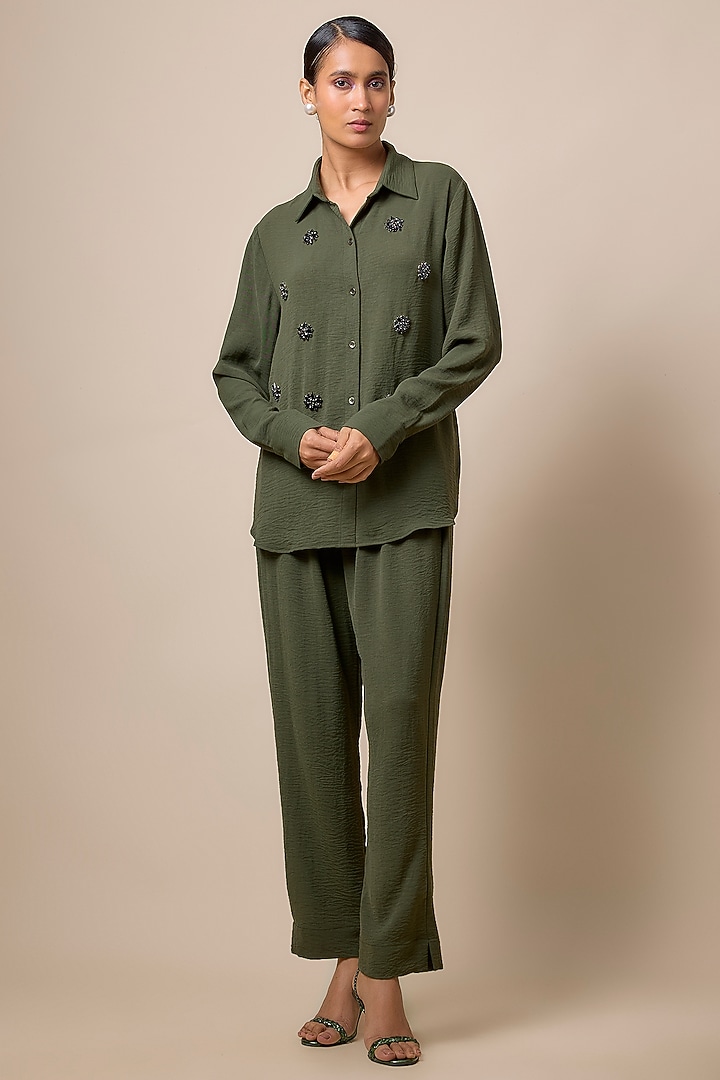 Olive Green & Black Viscose Blend Rhinestone Embellished Co-Ord Set by Kloset by KL at Pernia's Pop Up Shop