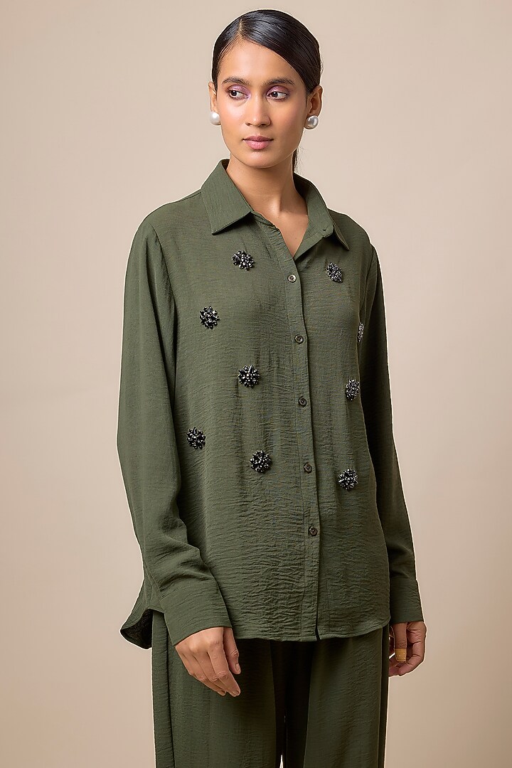 Olive Green & Black Viscose Blend Rhinestone Embellished Co-Ord Set by Kloset by KL at Pernia's Pop Up Shop