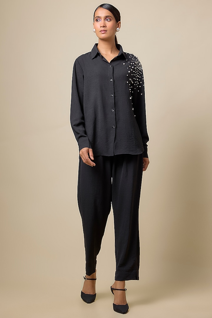 Black Viscose Blend Pearl & Rhinestone Embroidered Co-Ord Set by Kloset by KL at Pernia's Pop Up Shop
