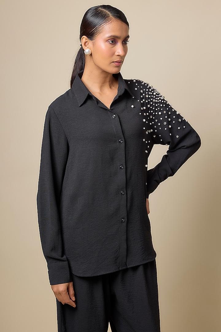 Black Viscose Blend Pearl & Rhinestone Embroidered Co-Ord Set by Kloset by KL at Pernia's Pop Up Shop