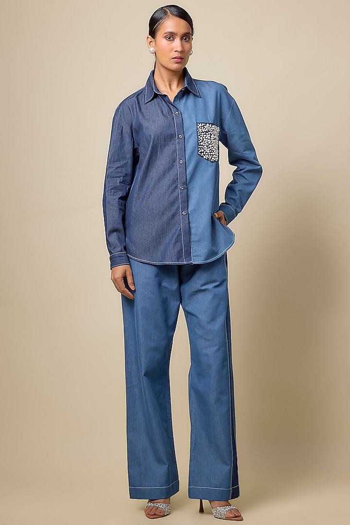 Blue Two-Tone Denim Viscose Blend Co-Ord Set by Kloset by KL at Pernia's Pop Up Shop