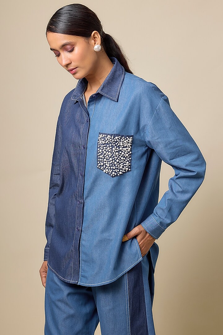 Blue Two-Tone Denim Viscose Blend Co-Ord Set by Kloset by KL at Pernia's Pop Up Shop