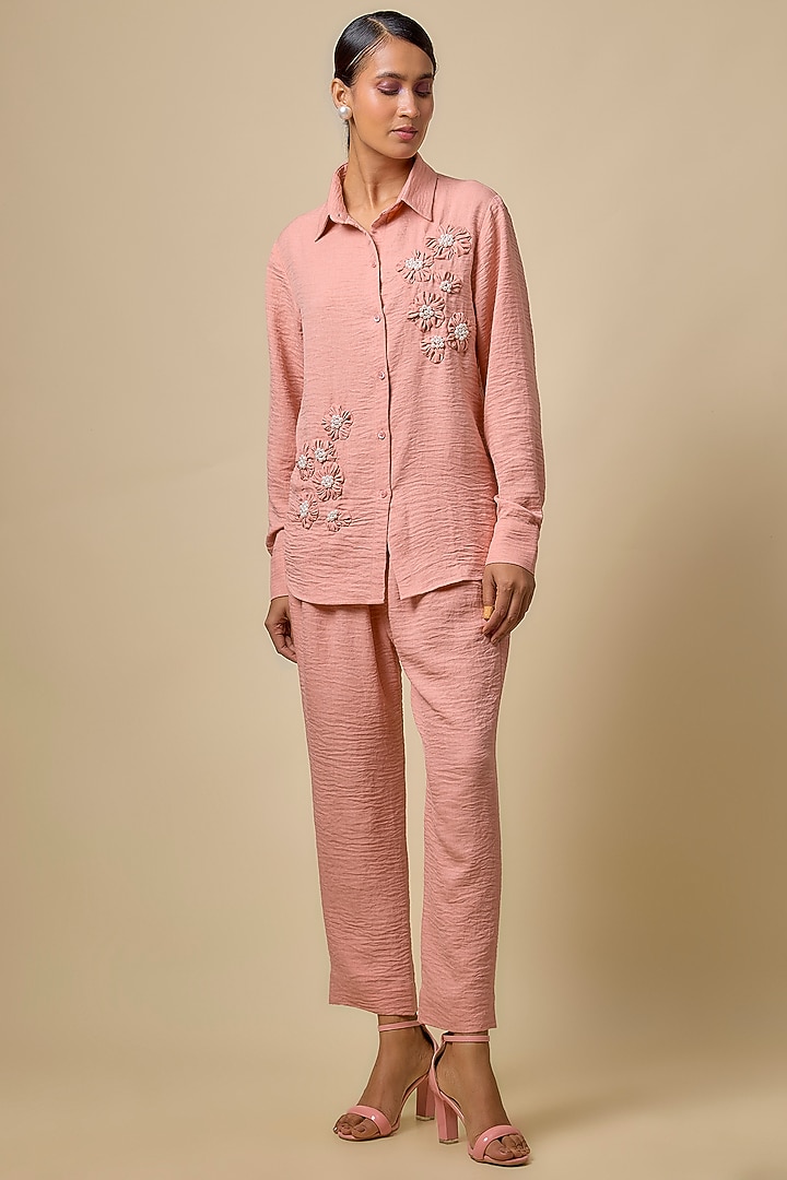 Pink Viscose Blend Pearl & Rhinestone Embroidered Co-Ord Set by Kloset by KL at Pernia's Pop Up Shop