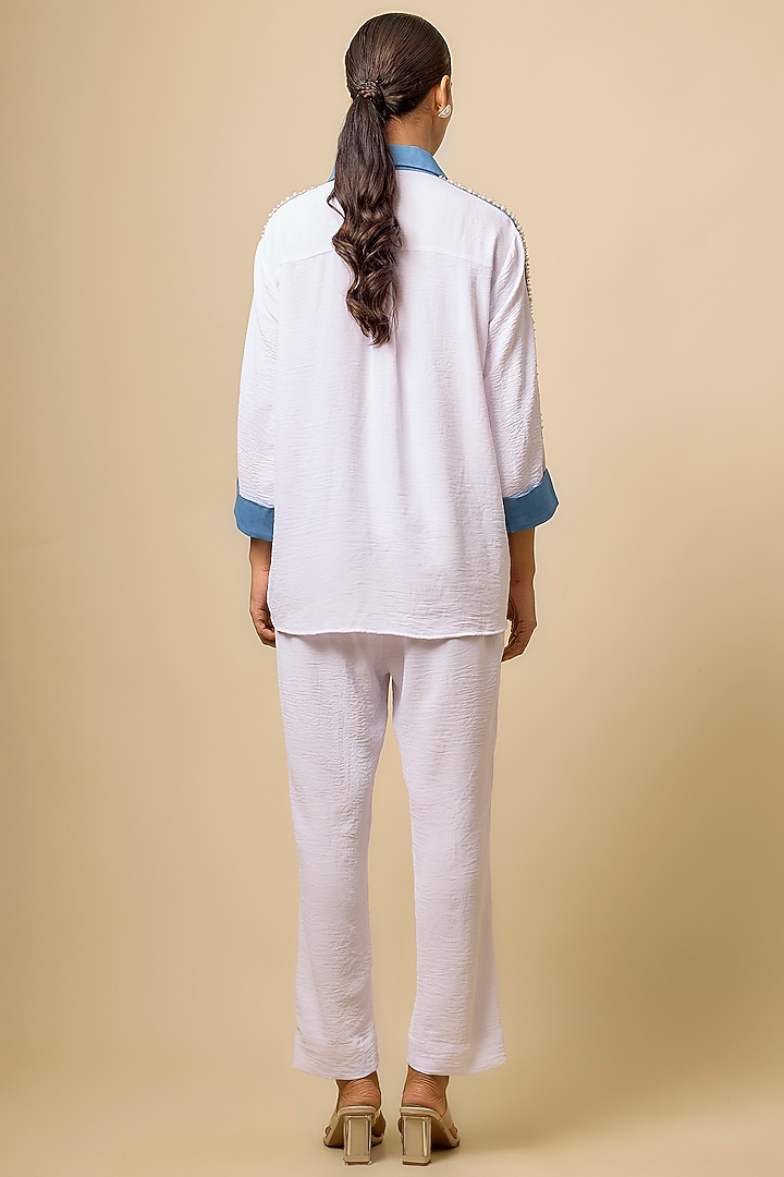 Ivory & Denim Viscose Blend Pearl Embellished Co-Ord Set by Kloset by KL at Pernia's Pop Up Shop