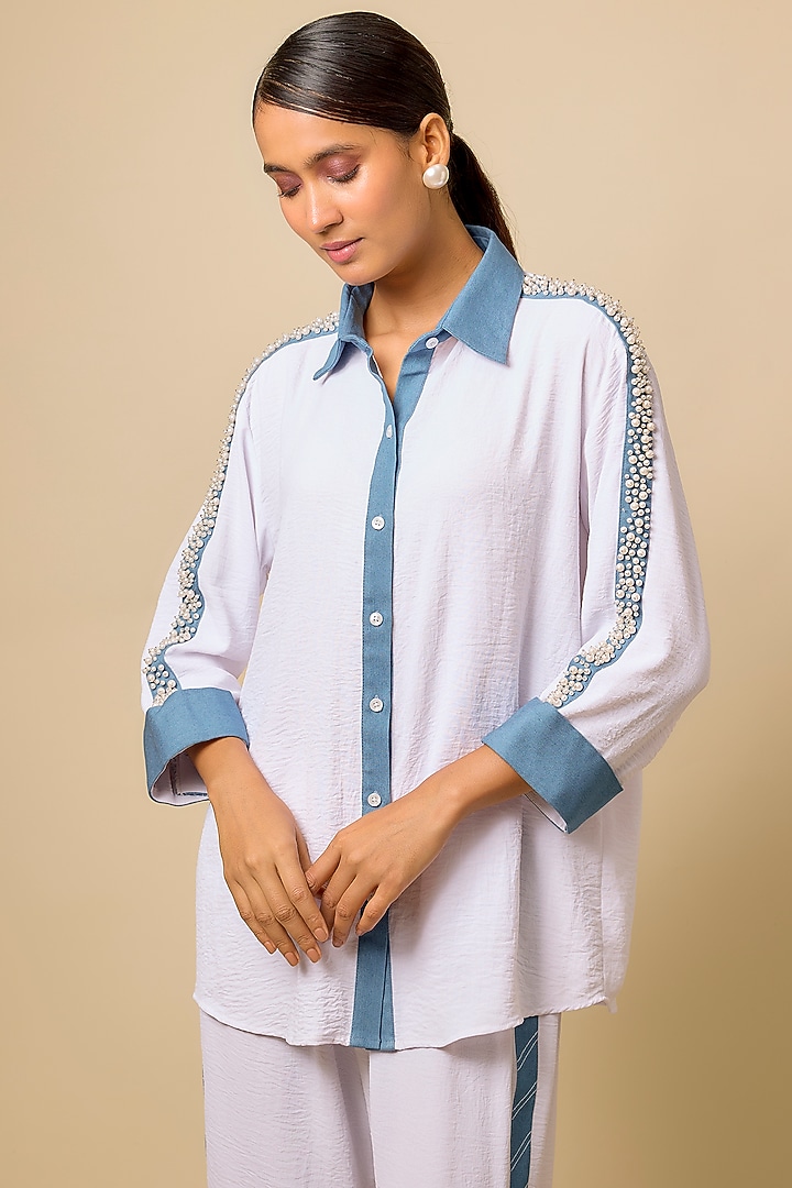 Ivory & Denim Viscose Blend Pearl Embellished Co-Ord Set by Kloset by KL at Pernia's Pop Up Shop