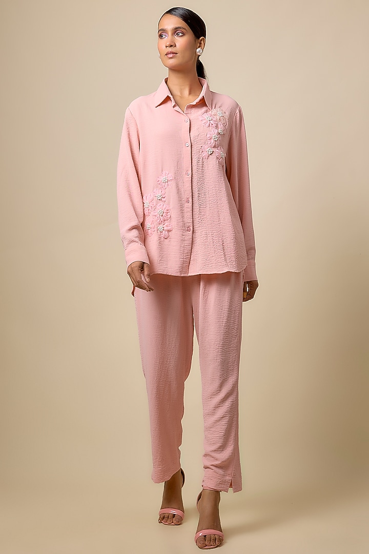 Pink Viscose Blend Pearl & Rhinestone Embroidered Co-Ord Set by Kloset by KL at Pernia's Pop Up Shop