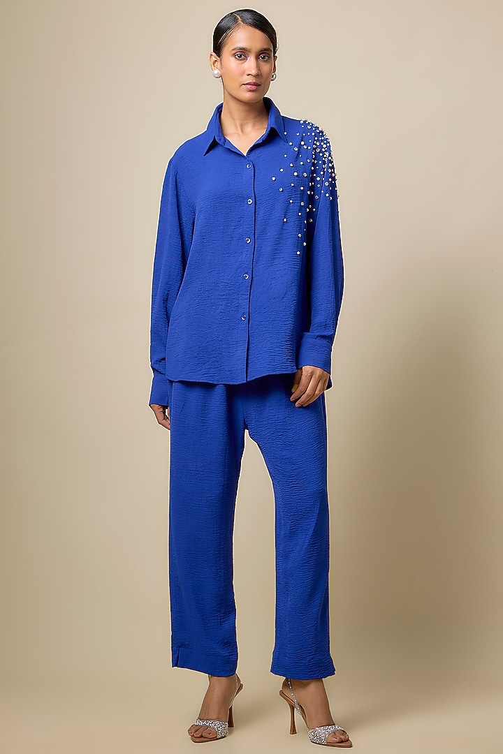 Royal Blue Viscose Blend Rhinestone Embroidered Co-Ord Set by Kloset by KL at Pernia's Pop Up Shop