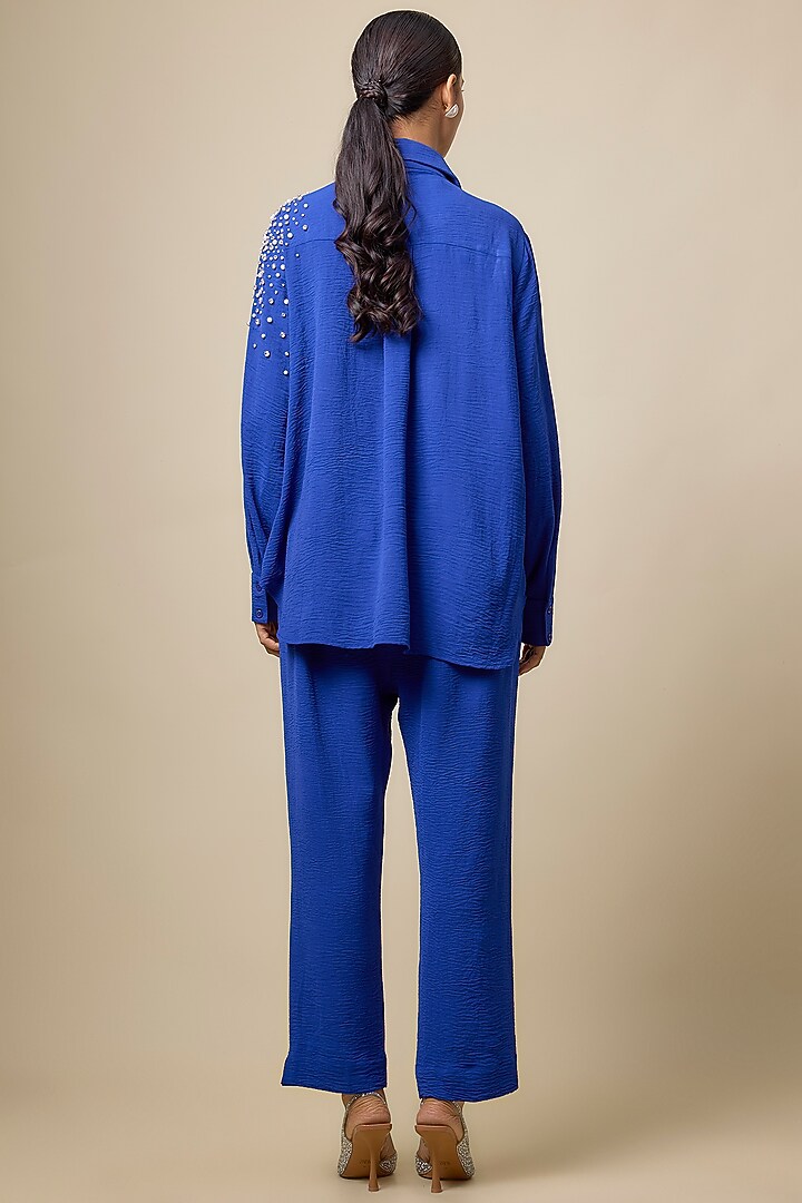 Royal Blue Viscose Blend Rhinestone Embroidered Co-Ord Set by Kloset by KL at Pernia's Pop Up Shop