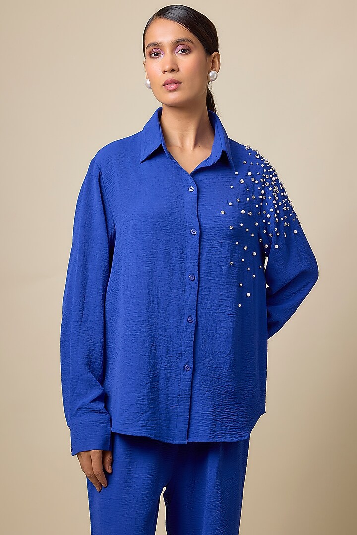 Royal Blue Viscose Blend Rhinestone Embroidered Co-Ord Set by Kloset by KL at Pernia's Pop Up Shop
