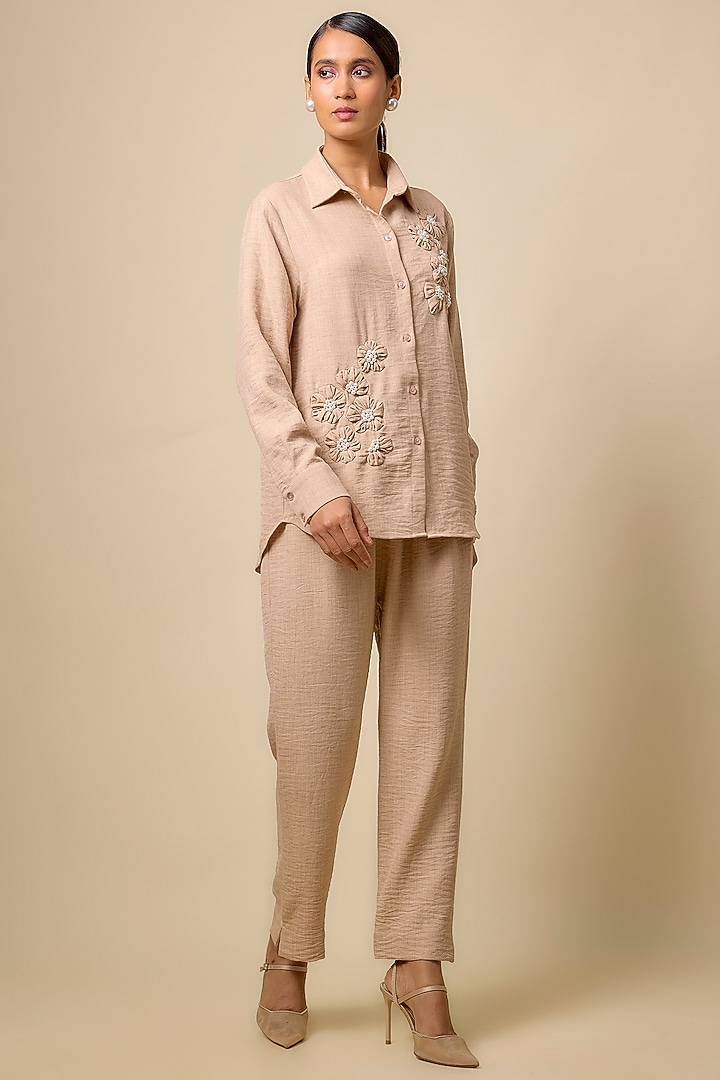Beige Linen & Viscose Blend Rhinestone Embroidered Co-Ord Set by Kloset by KL at Pernia's Pop Up Shop