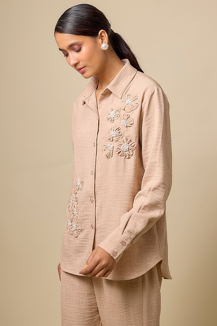 Beige Linen & Viscose Blend Rhinestone Embroidered Co-Ord Set by Kloset by KL at Pernia's Pop Up Shop