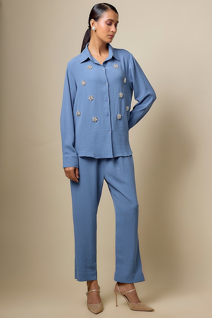 Periwinkle Blue Viscose Blend Rhinestone Embellished Co-Ord Set by Kloset by KL at Pernia's Pop Up Shop