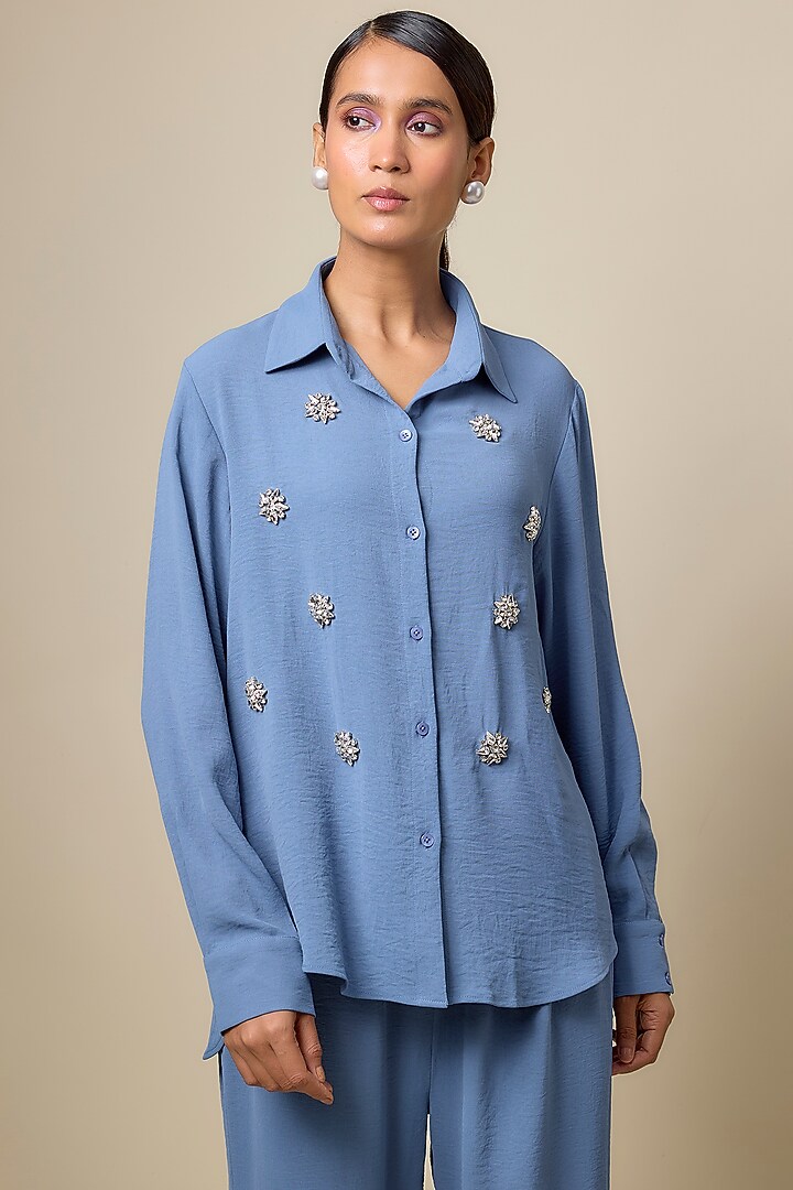 Periwinkle Blue Viscose Blend Rhinestone Embellished Co-Ord Set by Kloset by KL at Pernia's Pop Up Shop