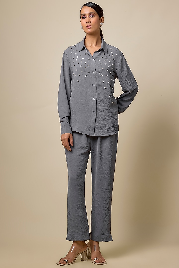 Grey Viscose Blend Rhinestone Embroidered Co-Ord Set by Kloset by KL at Pernia's Pop Up Shop