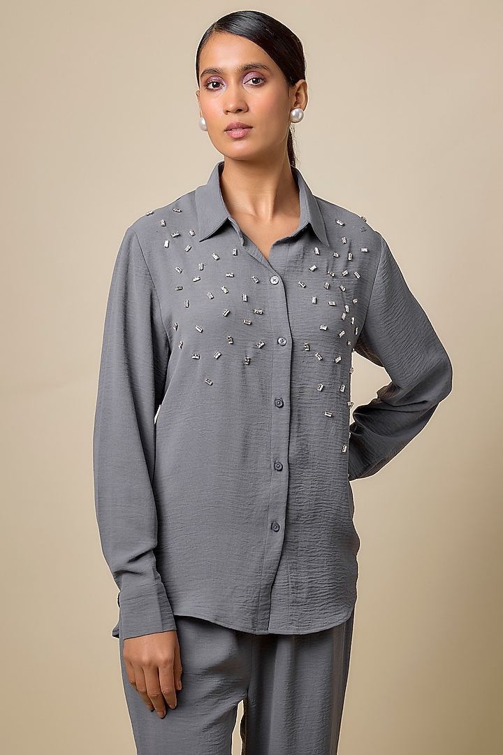 Grey Viscose Blend Rhinestone Embroidered Co-Ord Set by Kloset by KL at Pernia's Pop Up Shop