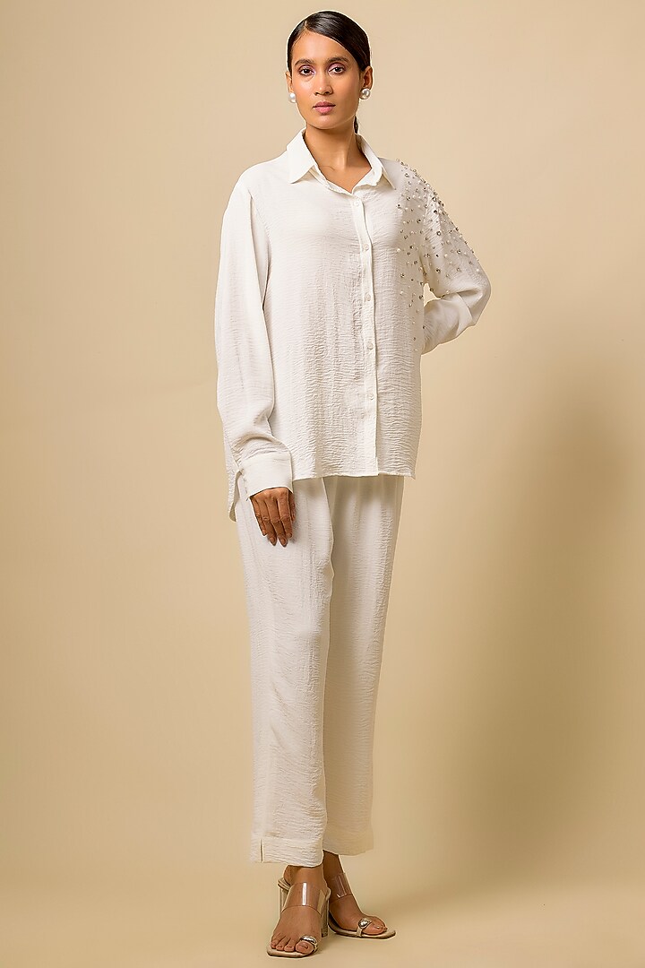 Ivory Viscose Blend Rhinestone Embroidered Co-Ord Set by Kloset by KL at Pernia's Pop Up Shop