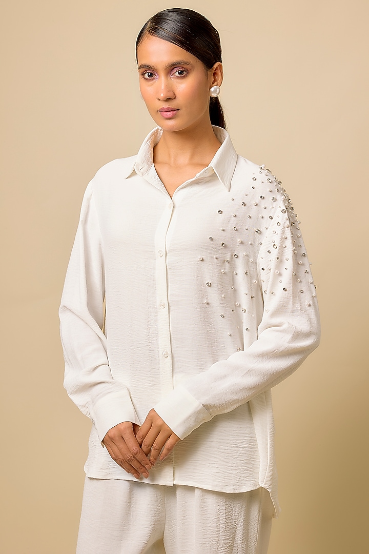 Ivory Viscose Blend Rhinestone Embroidered Co-Ord Set by Kloset by KL at Pernia's Pop Up Shop