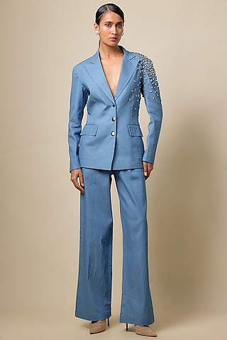 Blue Viscose Blend Rhinestone Embroidered Blazer Set by Kloset by KL