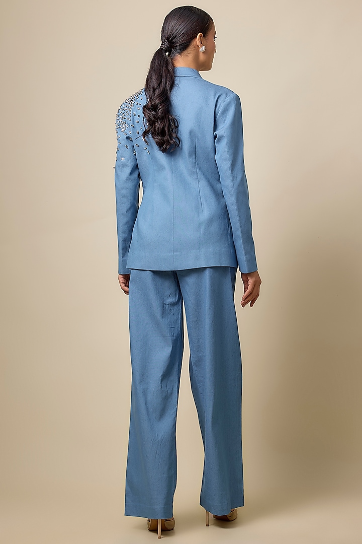Blue Viscose Blend Rhinestone Embroidered Blazer Set by Kloset by KL at Pernia's Pop Up Shop
