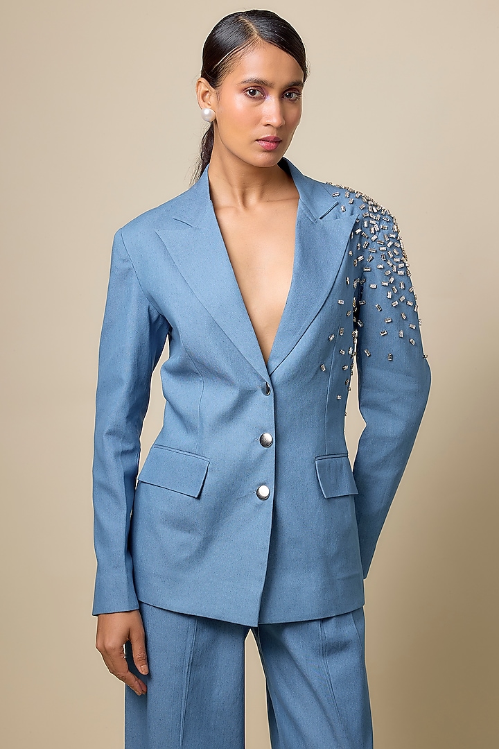 Blue Viscose Blend Rhinestone Embroidered Blazer Set by Kloset by KL at Pernia's Pop Up Shop