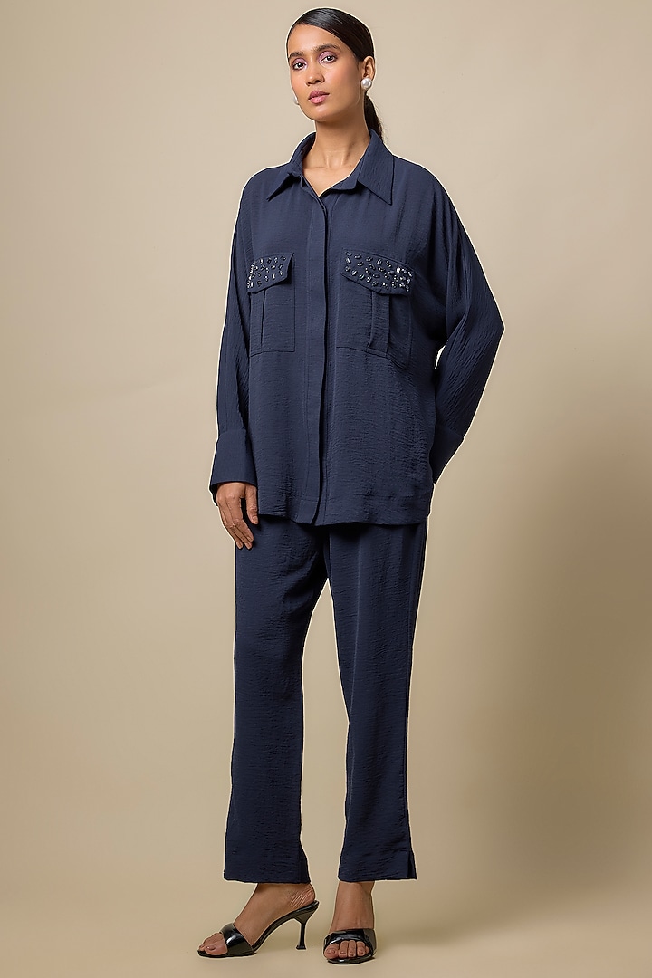Blue Viscose Blend Rhinestone Embroidered Co-Ord Set by Kloset by KL at Pernia's Pop Up Shop