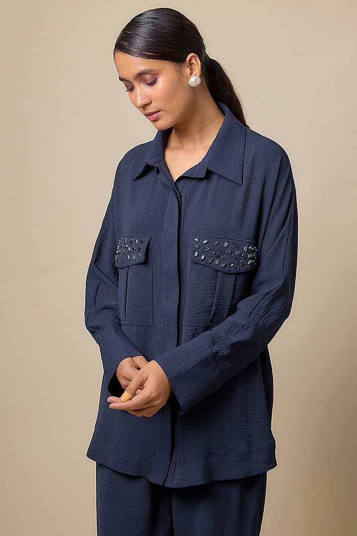 Blue Viscose Blend Rhinestone Embroidered Co-Ord Set by Kloset by KL at Pernia's Pop Up Shop